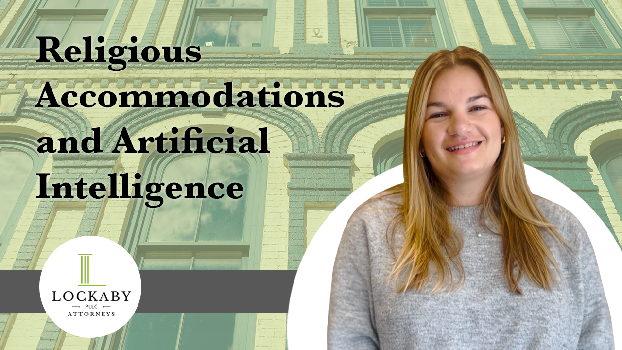 Abby Wearden in front of building with text religious accommodations and artificial intelligence