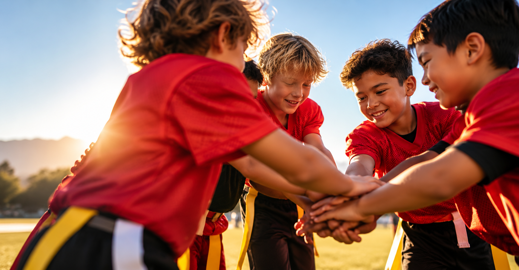 Youth flag football players in red jerseys putting their hands together in a team huddle.