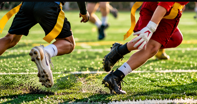 Cheerleader in red uniform performs a backbend on a green and red football field.