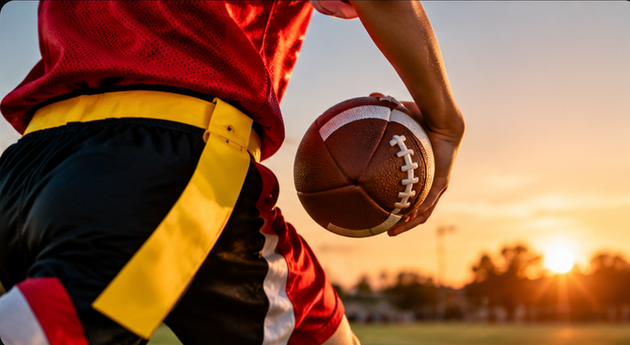 Flag football game at night, a player in red jersey runs with the ball as others pursue on a green field.