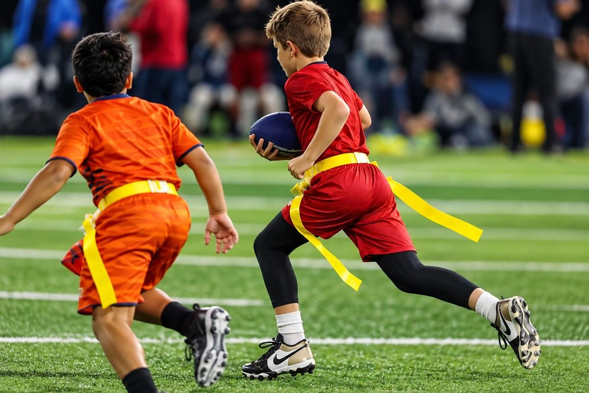 Football players in action on a grassy field; one runs with the ball, pursued by two opponents.