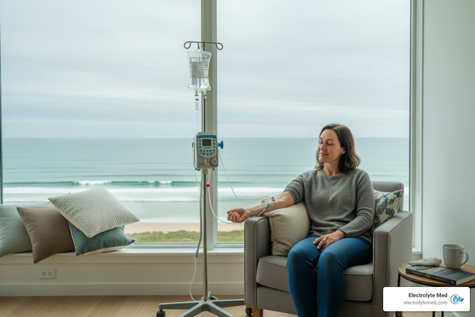 Woman receiving IV therapy, ocean view, smiling.
