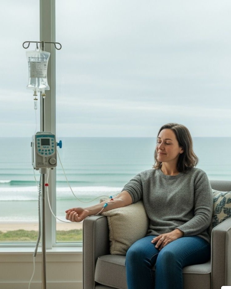 Patient seated by a window receives IV infusion in a bright, calm room.