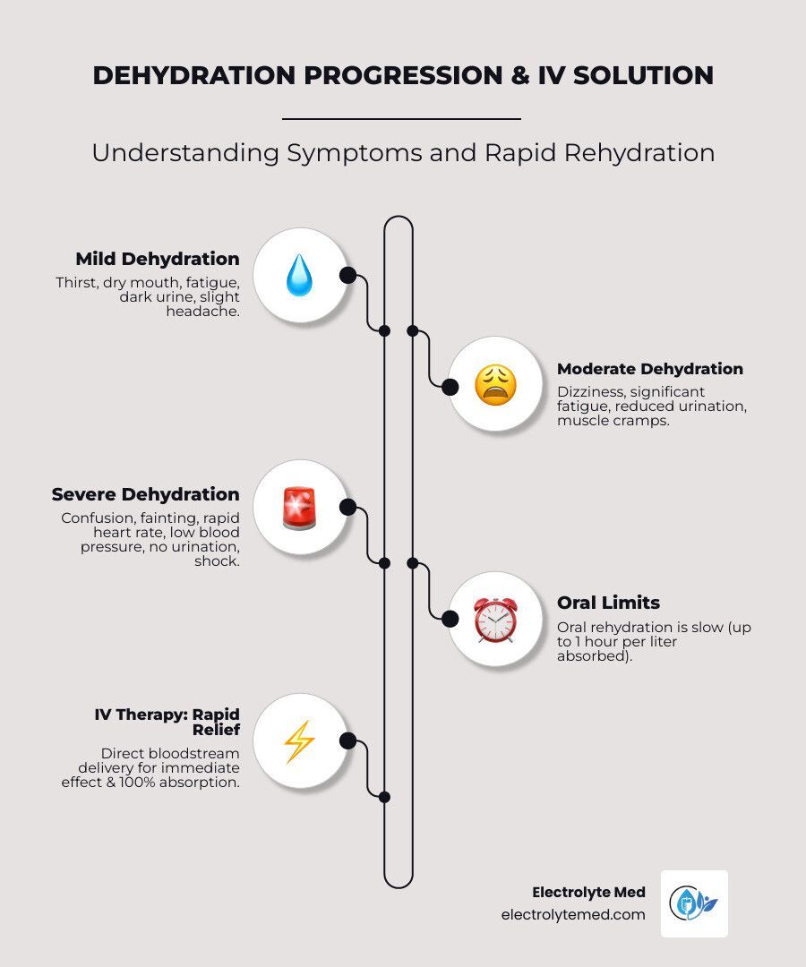 Infographic: Dehydration progression with symptoms. Mild to severe, includes oral limits and IV solution.