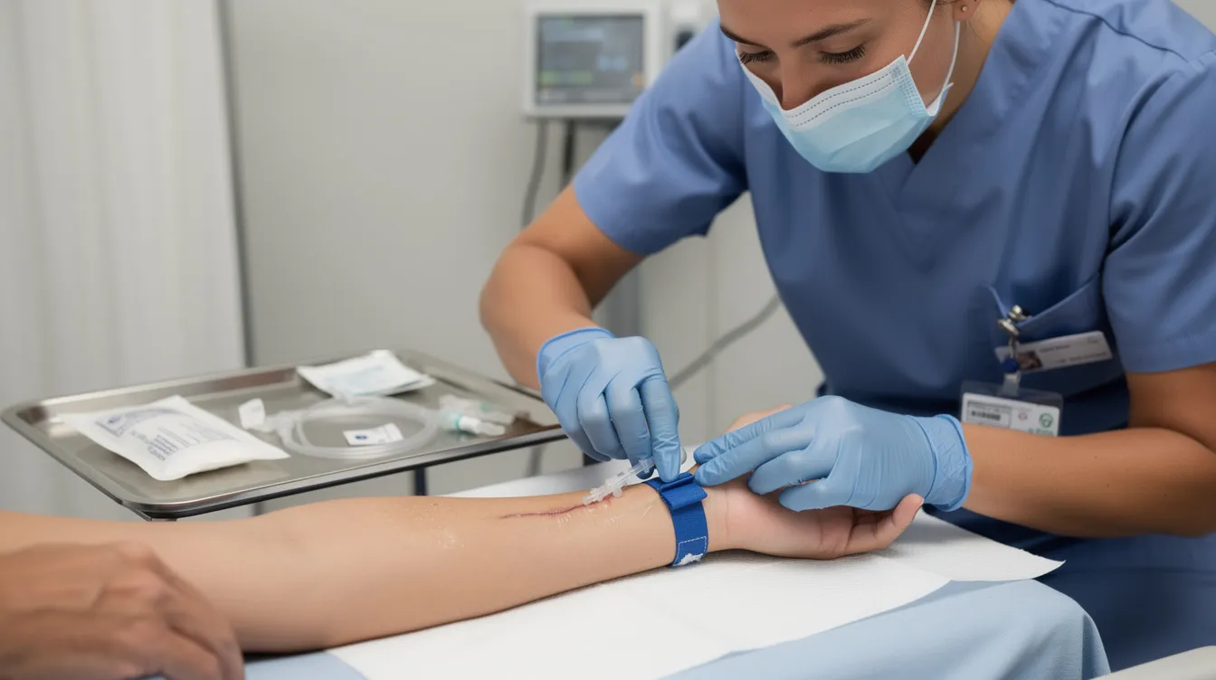 A healthcare professional is carefully inserting an IV catheter into a patient's forearm using sterile technique, demonstrating the process of intravenous therapy. This procedure allows for the administration of fluids, vitamins, and medications directly into the bloodstream, providing essential hydration and nutrients to support the patient's health.