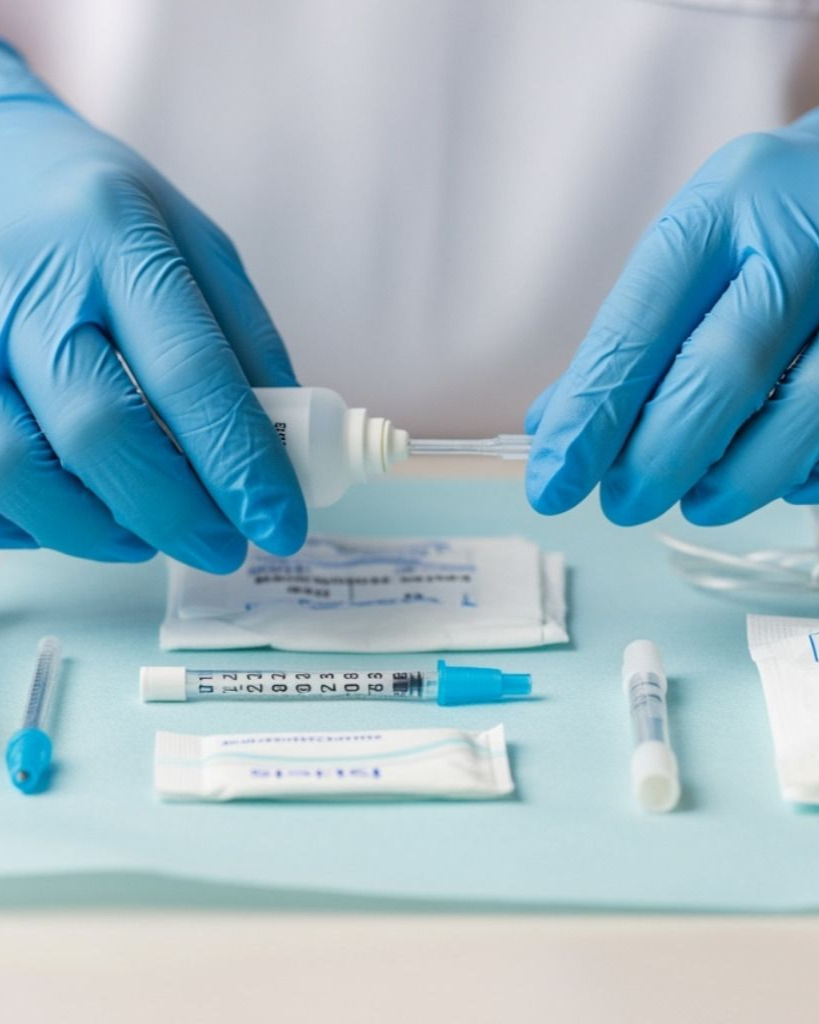 Gloved hands assembling a rapid test kit on a clean table with swabs, tubes, and test strips