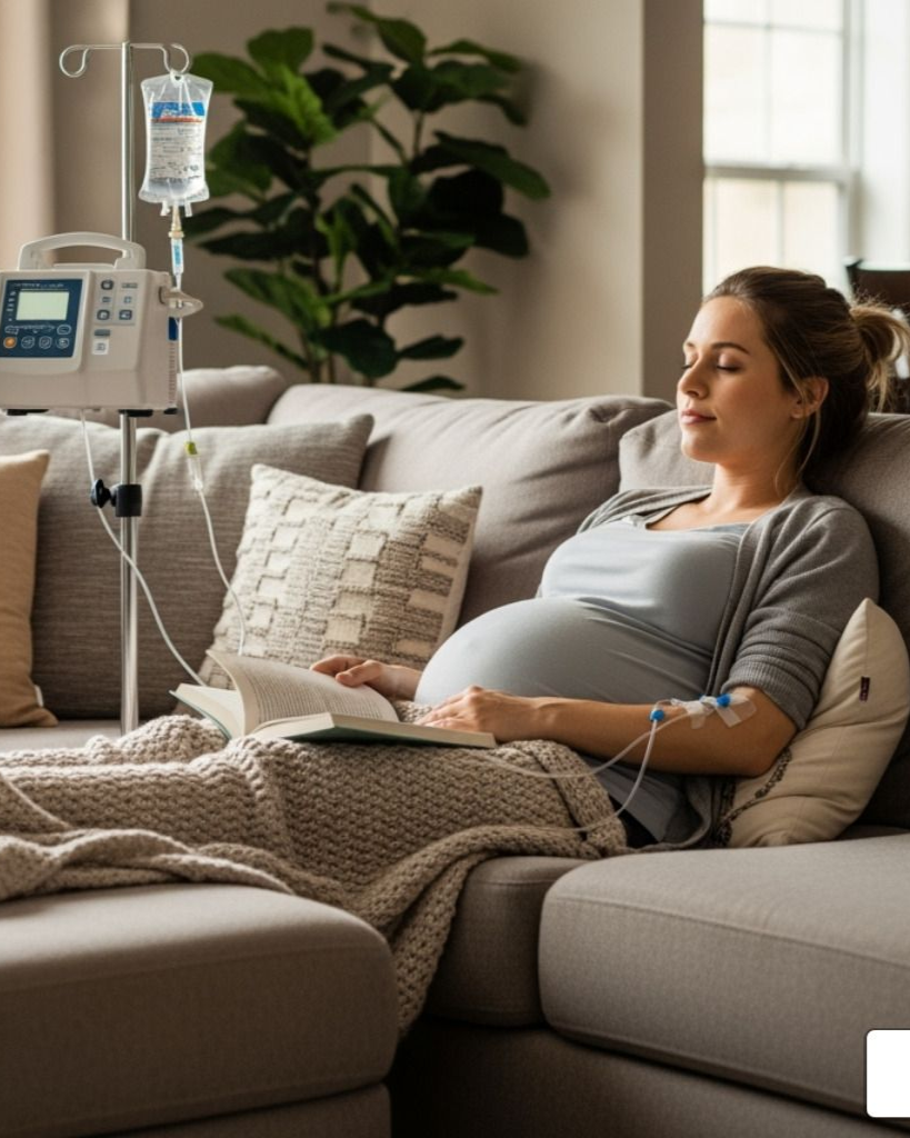 Pregnant woman resting on a couch beside a hospital IV drip in a bright living room