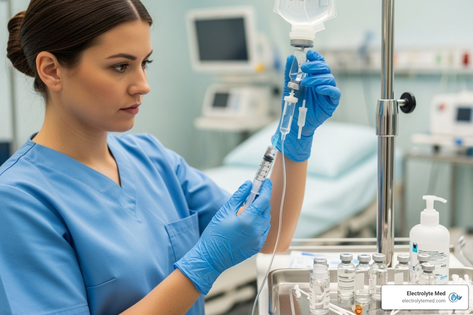 Nurse in blue scrubs prepares an IV drip in a hospital room.
