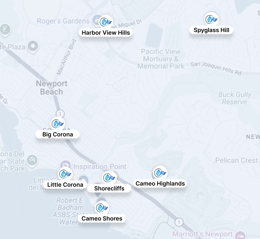 Map of Newport Beach with labeled coastal communities and park areas.