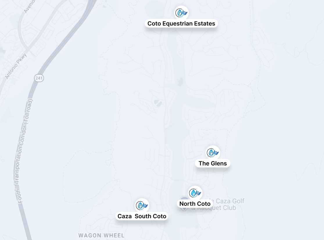 Map view with location labels for Cold Equilibrium Estates, The Ovens, and Caza South Dam.