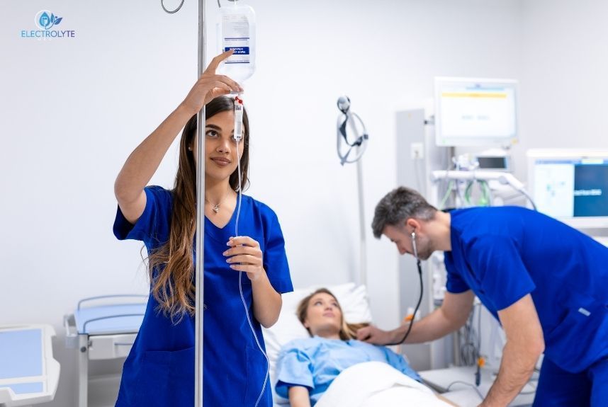 Nurse adjusting IV drip; doctor listening to patient with stethoscope in a hospital room.