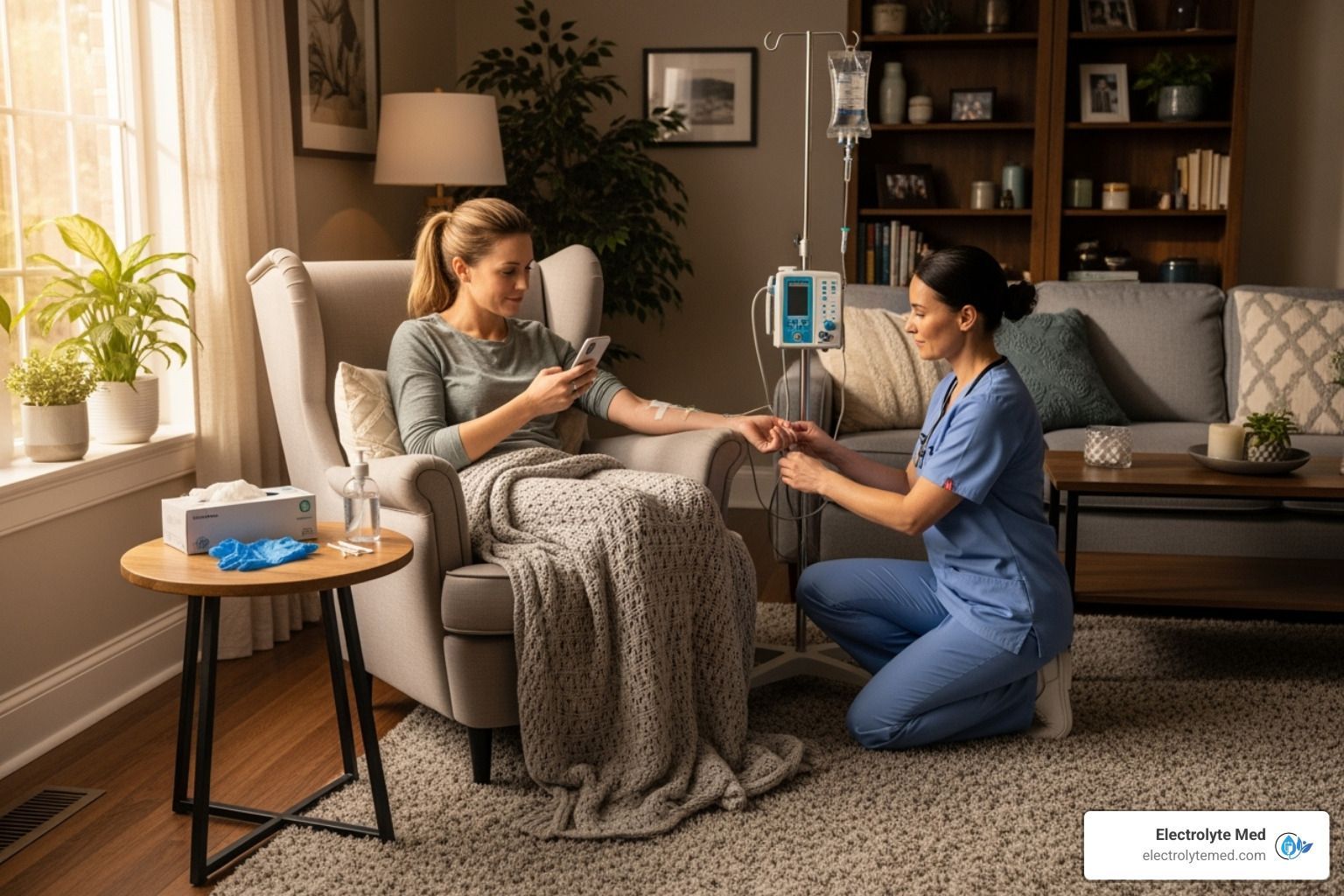 Caregiver kneels beside a woman in an armchair, holding her hand in a cozy living room.