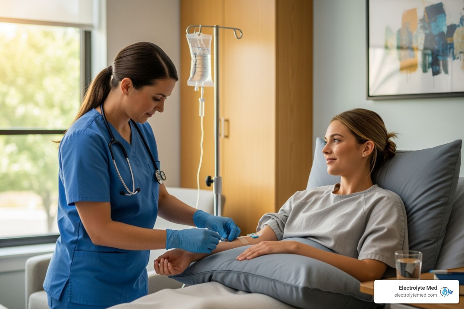 Nurse giving IV to a patient in a hospital room.
