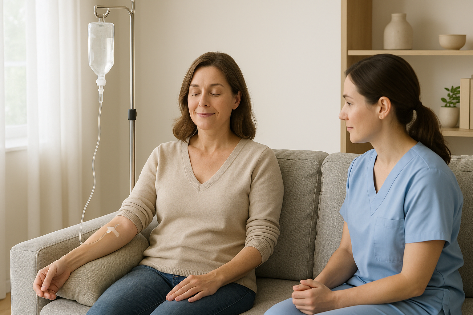 Woman and nurse sitting on a couch during an IV therapy session in a bright living room