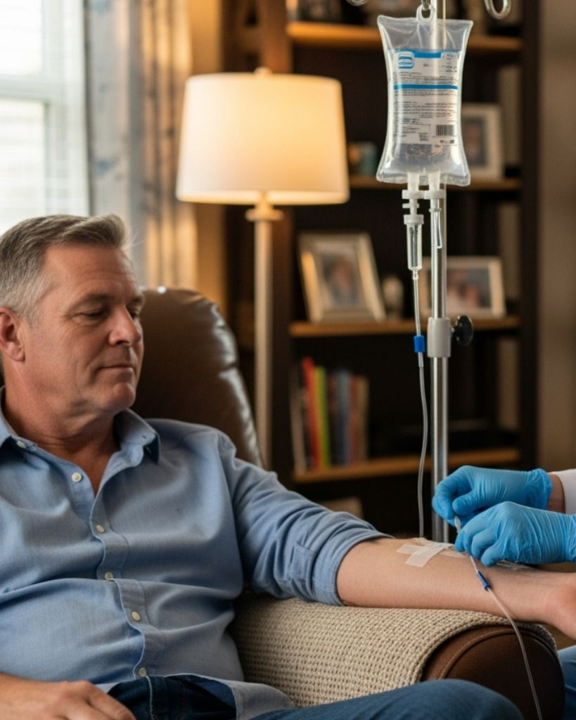 Man receiving an IV infusion while seated on a couch, with a nurse’s gloved hand adjusting the line