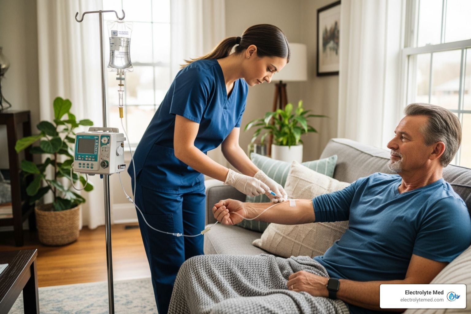 Nurse administers IV therapy to a man on a couch in a home setting.