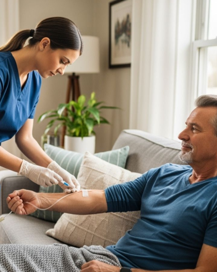 Nurse taking a blood sample from a seated patient in a bright living room