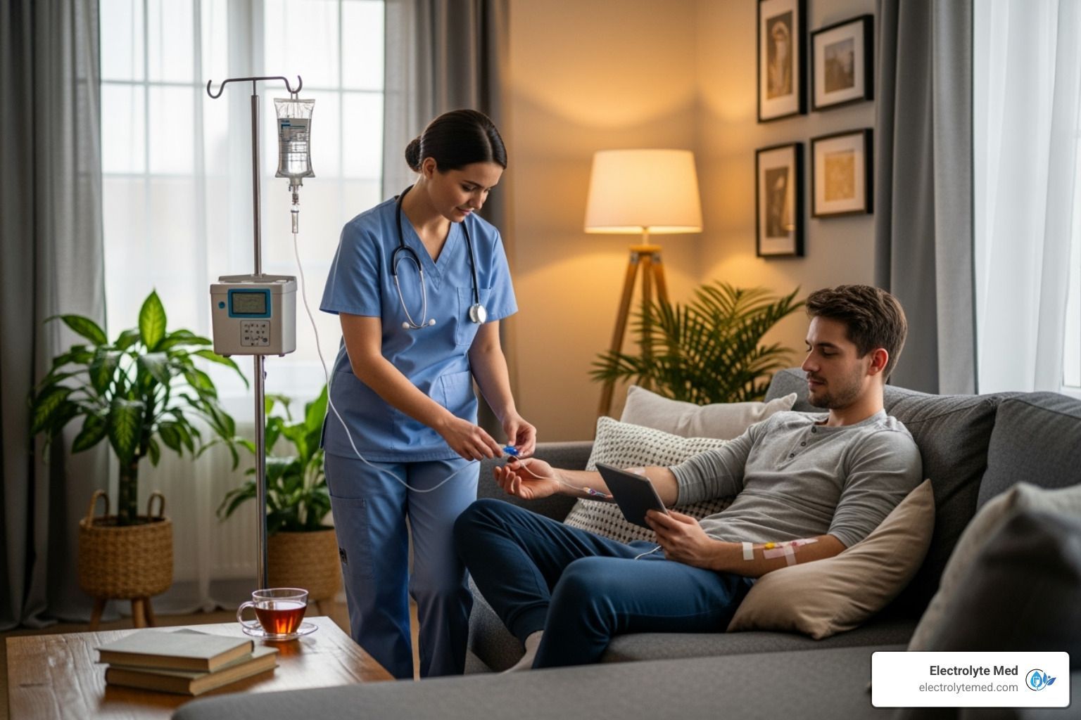 Nurse administering IV fluids to a man on a couch in a home setting.