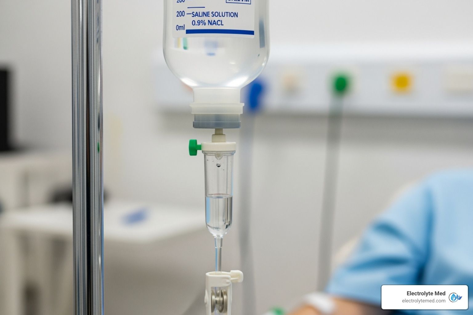 IV drip bag with clear liquid, green valve, in hospital room; patient in blue gown.