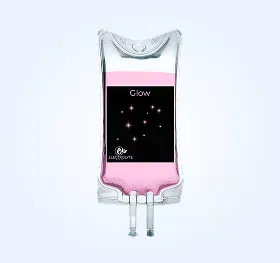 IV bag of Myers cocktail, labeled with black rectangle and golden graphic on a blue background.