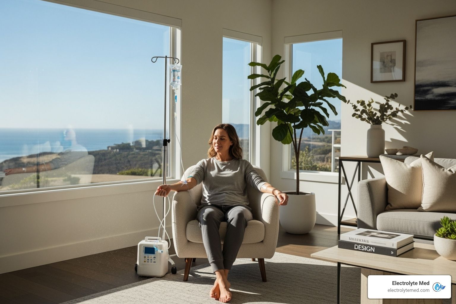 Woman sitting in a bright living room with a portable device, overlooking the ocean through large windows.