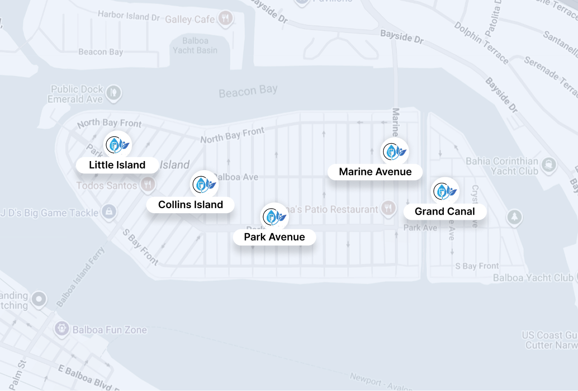 Floor plan map with labeled rooms and blue icons, including Little Kitchen, Main Avenue, Park Avenue, and Grand Canal
