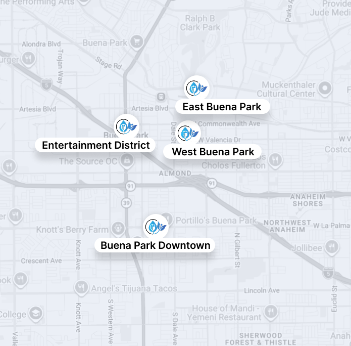 Map showing Buena Park with labeled areas: East Buena Park, West Buena Park, Downtown, and Entertainment District