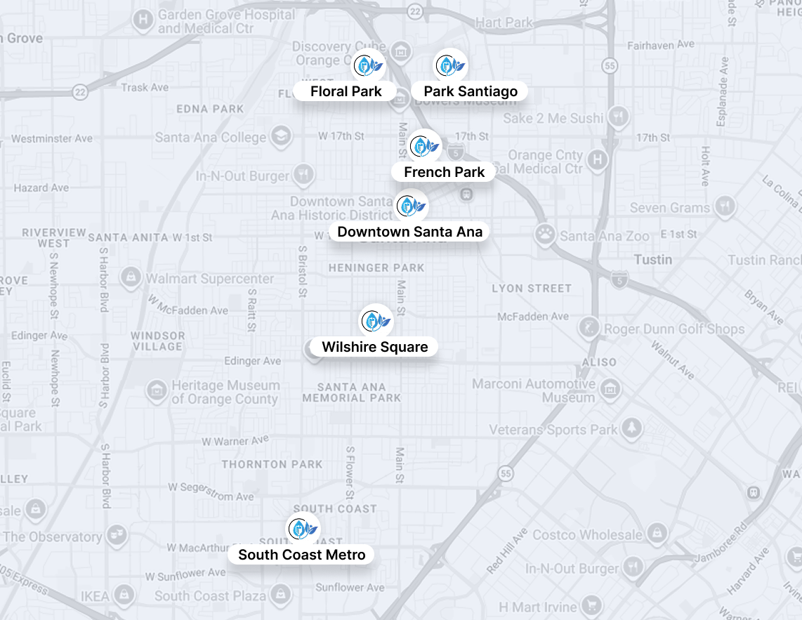 Map of downtown Santa Ana with labeled landmarks and streets, including French Park and South Coast Metro.
