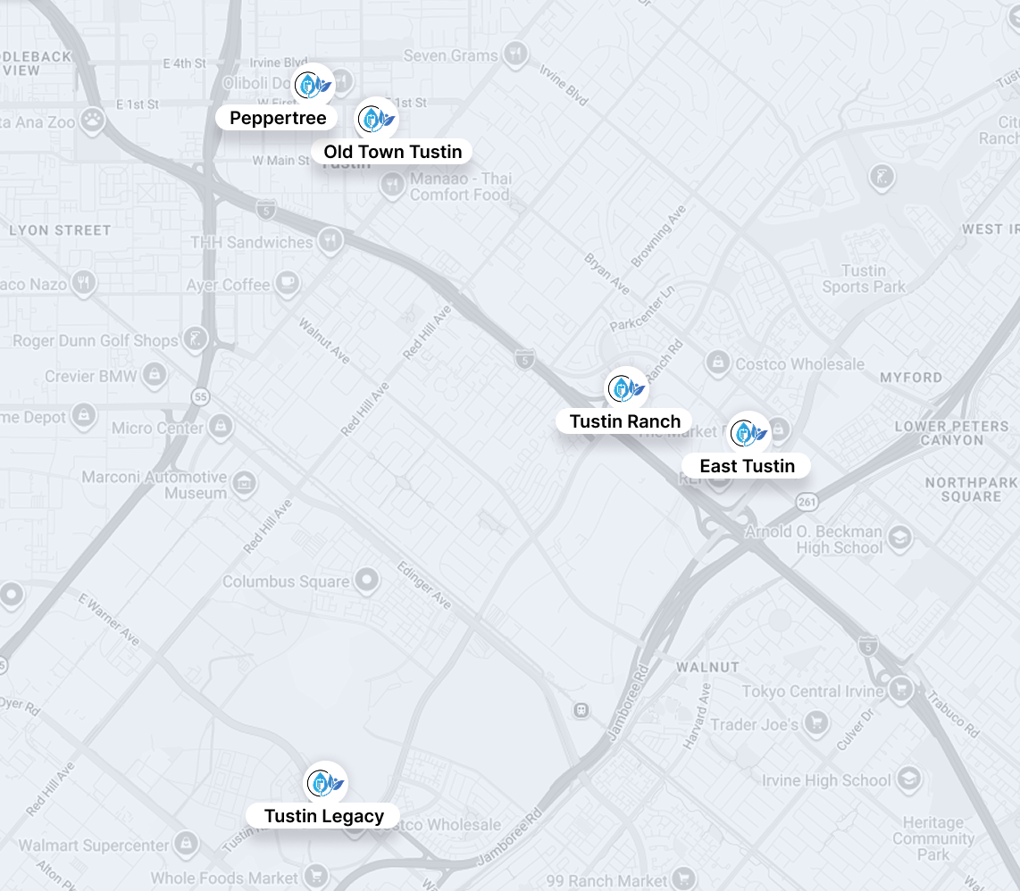 Map with labels marking Tustin Ranch, Old Town Tustin, and Tustin Legacy in a light gray area.
