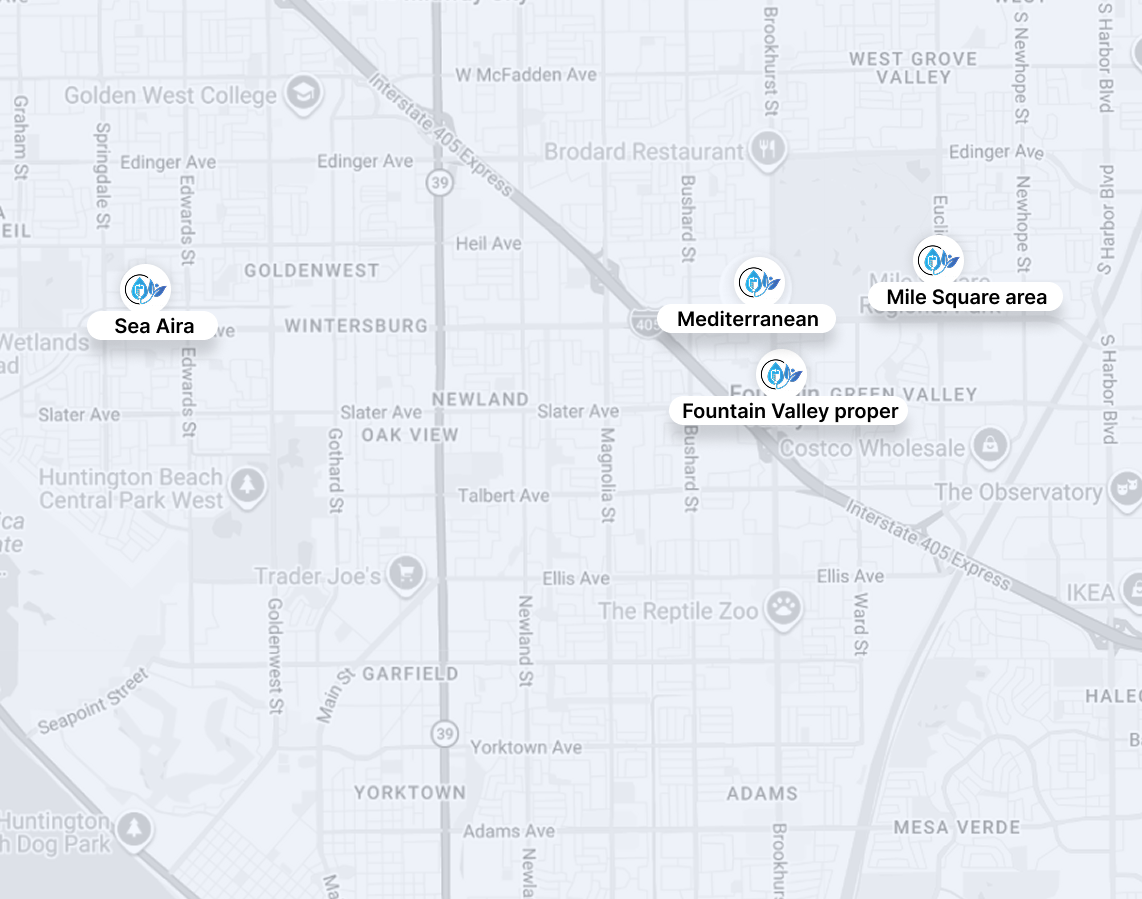 Map with labels for Bsa Area, downtown, Mile Square area, and Fountain Valley expressway route.
