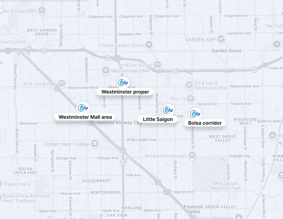 Map showing labeled locations near Westminster, including Westminster proper and Little Saigon.