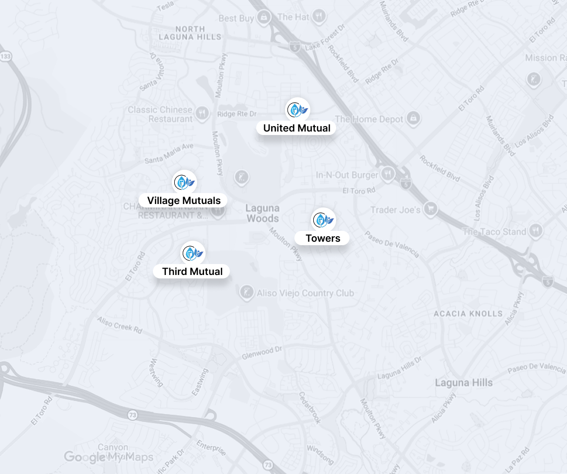 Map showing four labeled locations clustered on a light gray road map background.