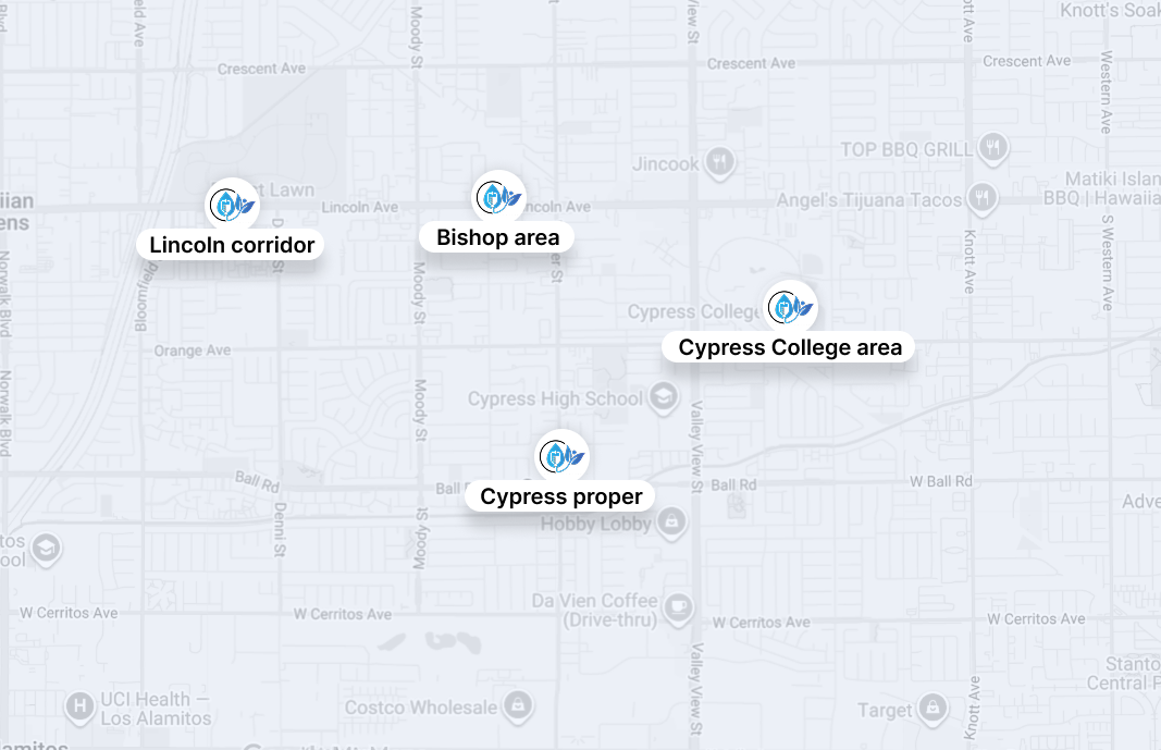 Map with labeled areas: Lincoln corridor, Midtown area, Cypress College area, and Cypress harbor.