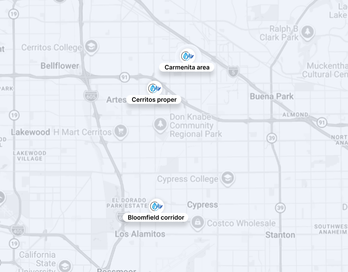 Map view with several labeled locations marked across a light gray city street grid.