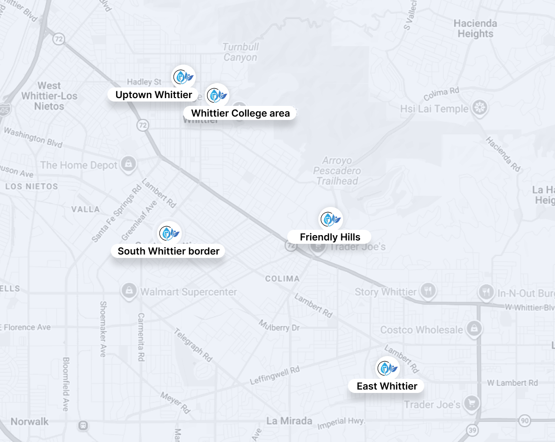 Map showing neighborhoods around Whitton, including Urban Whitier, South Whitier Park, and East Whitier.
