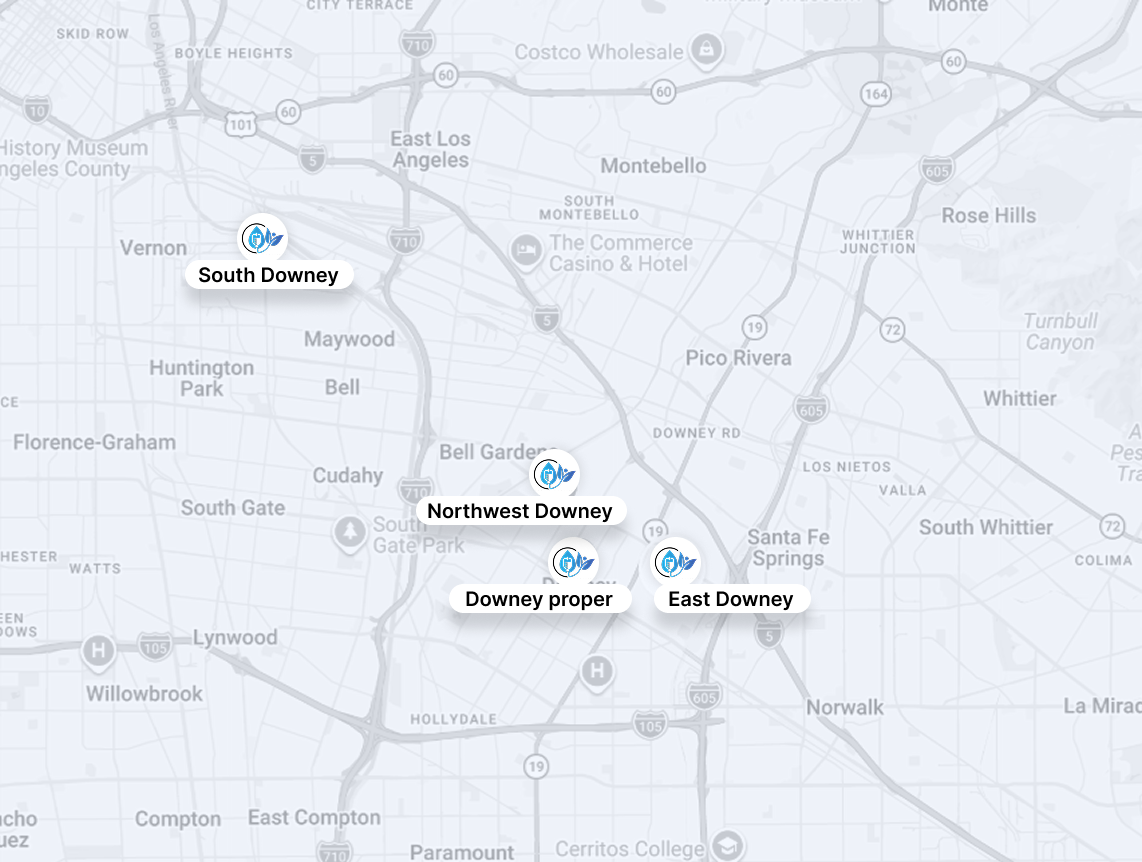 Map showing labeled locations around Downey, California, including South Downey, Northeast Downey, and East Downey.