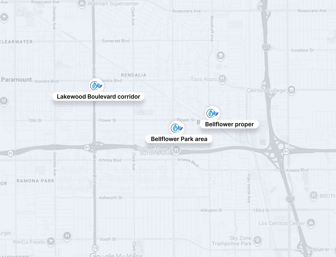 Map showing Lakewood Boulevard corridor and Southgate Park area in light gray with route labels.