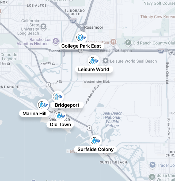 Map of coastal Orange County neighborhoods labeled College Park East, Leisure World, and Old Town.