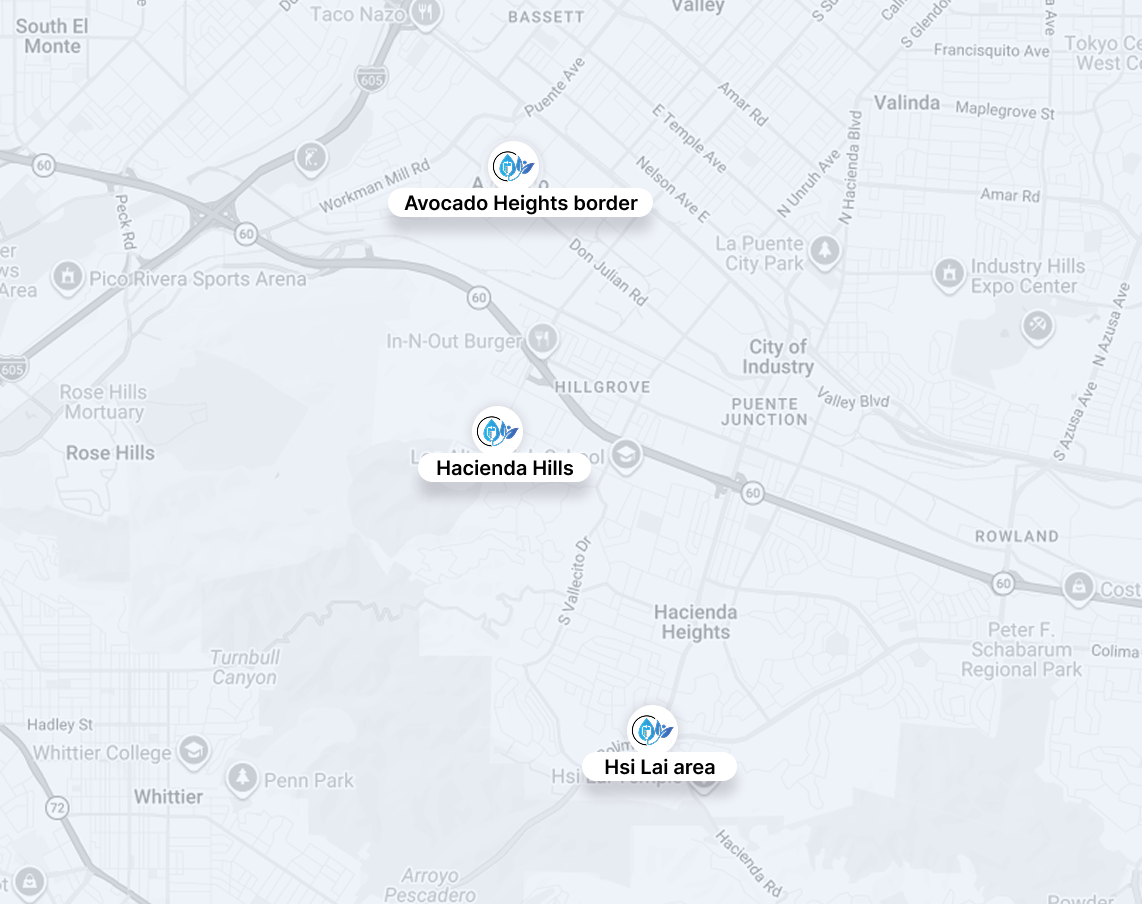 Gray map with three blue location markers labeled on roads and towns.