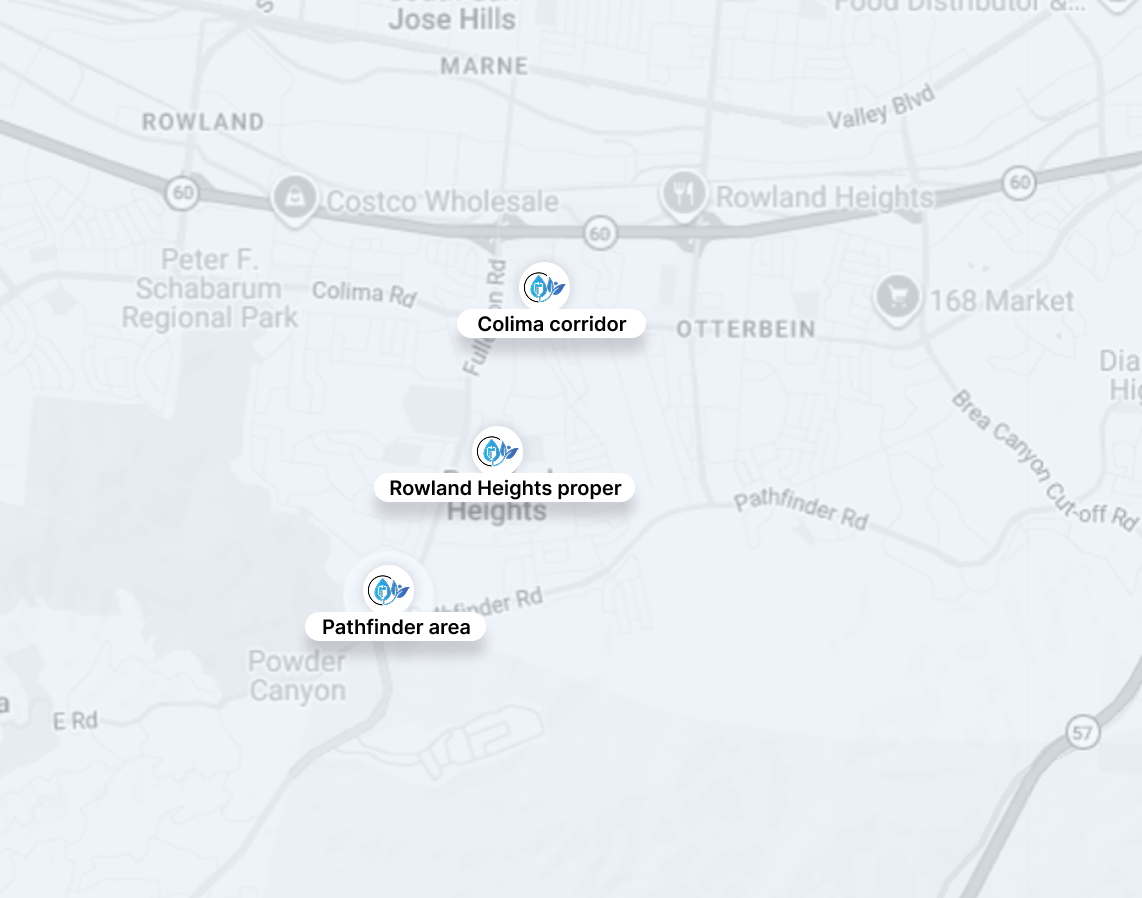 Map with three labeled points highlighting locations in Rowland Heights and City of Industry.