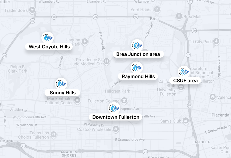 Map of Fullerton with labeled areas: West Coyote Hills, Sunny Hills, Raymond Hills, Downtown, Brea Junction, CSUF area