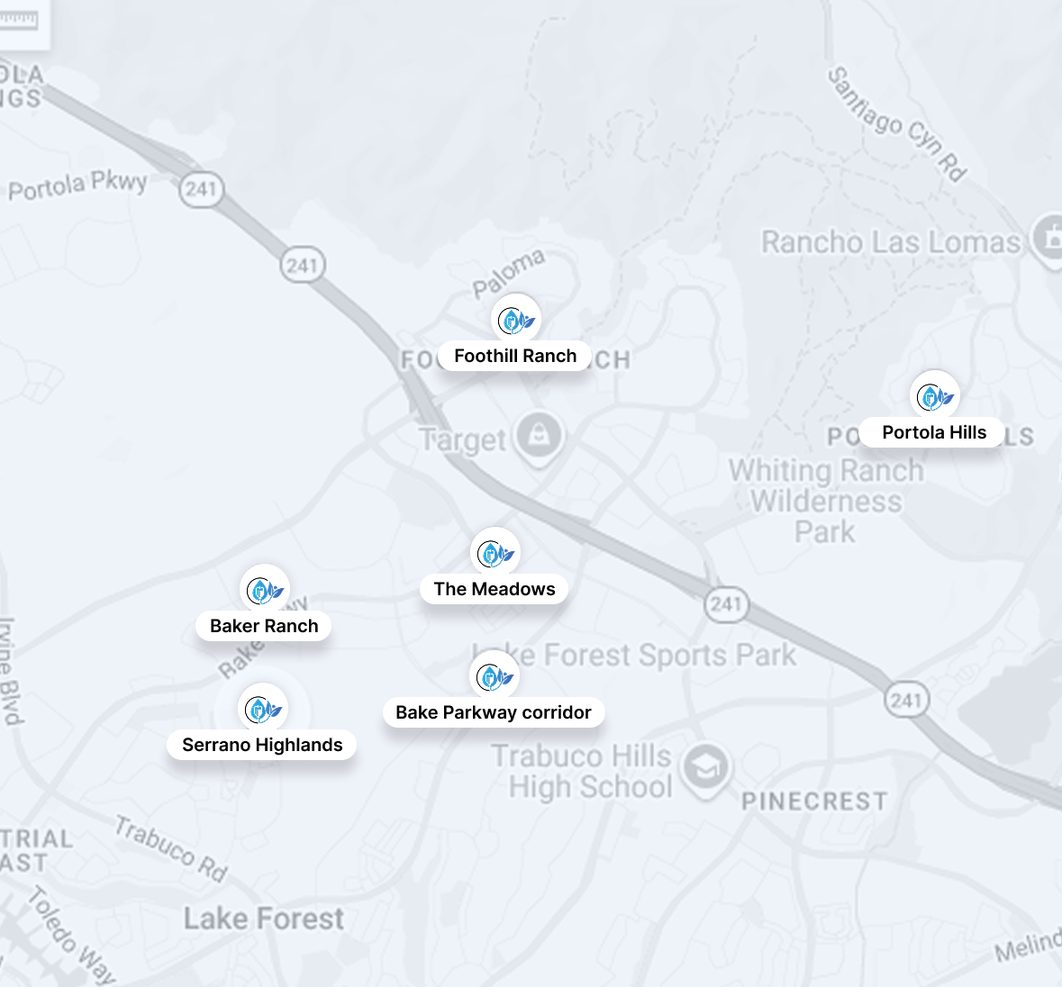 Map of south Orange County neighborhoods with labels around Portola Hills and Lake Forest.