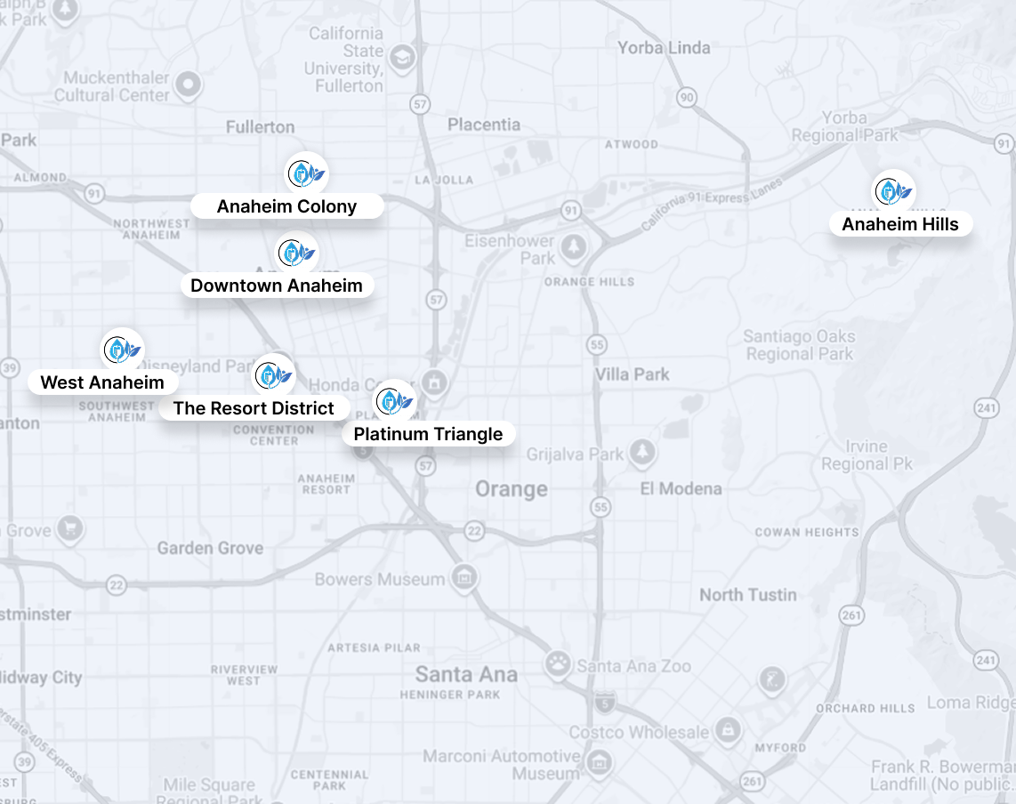 Map showing Anaheim area landmarks, including Downtown Anaheim, Platinum Triangle, and Anaheim Hills.