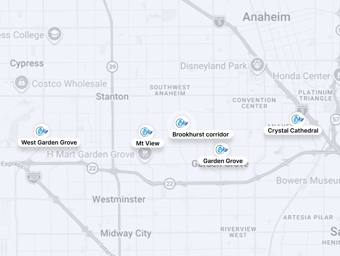 Map of a freeway route through Anaheim and Westminster with labeled locations and blue markers