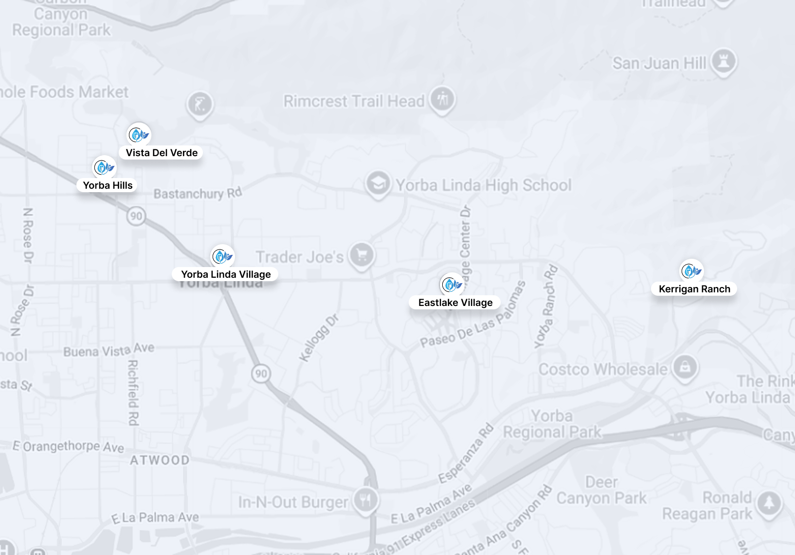 Map showing school locations and nearby roads in a suburban area