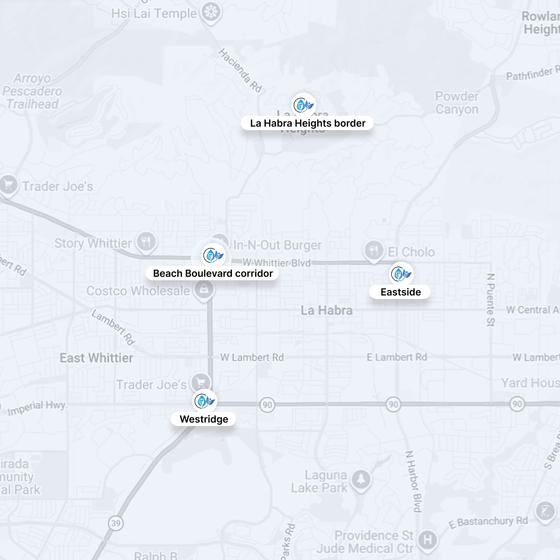 Map with three location markers in eastern La Habra: Beach Boulevard, Eastside, and Weddington.