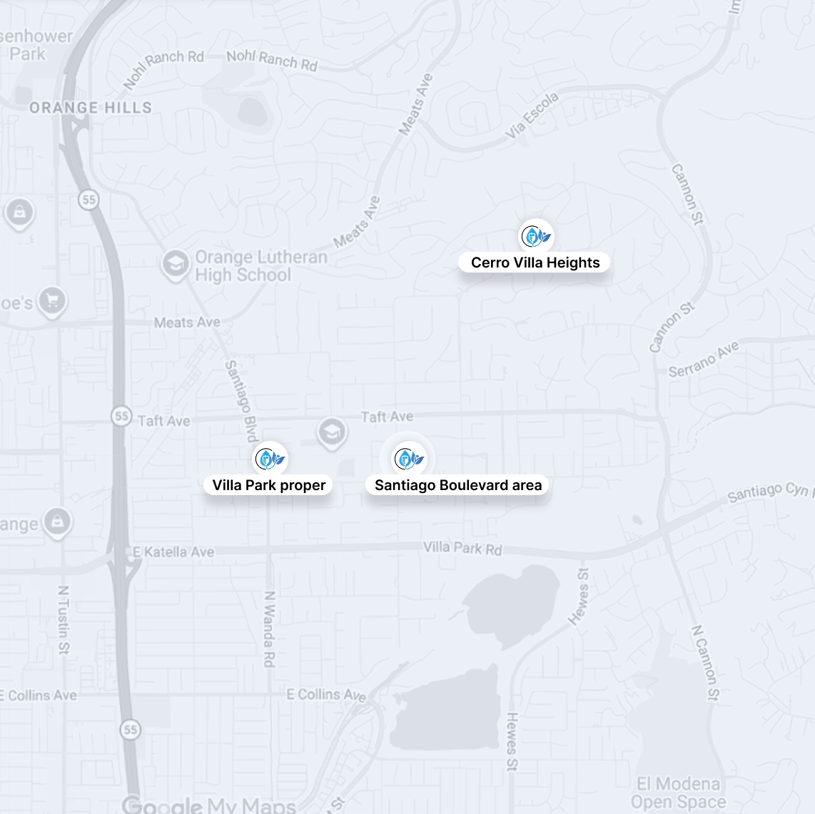 Map showing Orange Hill with labeled locations and roads, including Canna Villa Heights and nearby villas.
