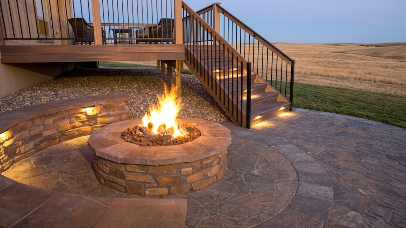 Stone patio with circular fire pit and wooden deck stairs overlooking open fields at dusk