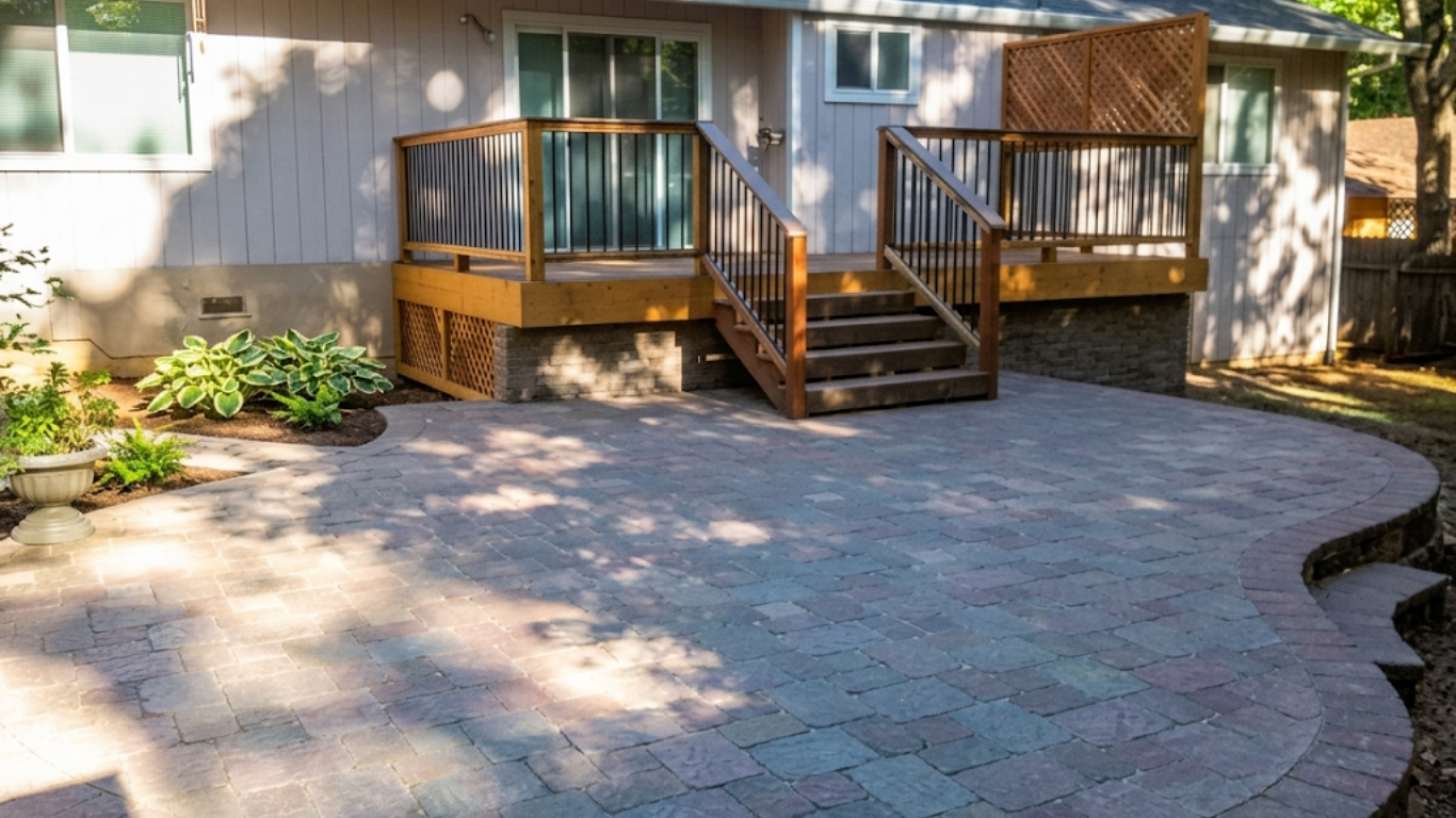 Stone patio with curved pavers leading to a wooden deck and stairs outside a house, with plants along the edge