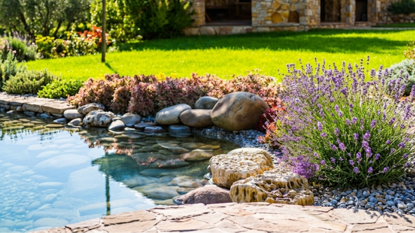 Backyard pond with clear water, rocks, and purple flowers beside a green lawn